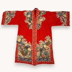 Vintage 1960s Red Silk Floral Kimono Robe Japanese Inspired Boho Statement
